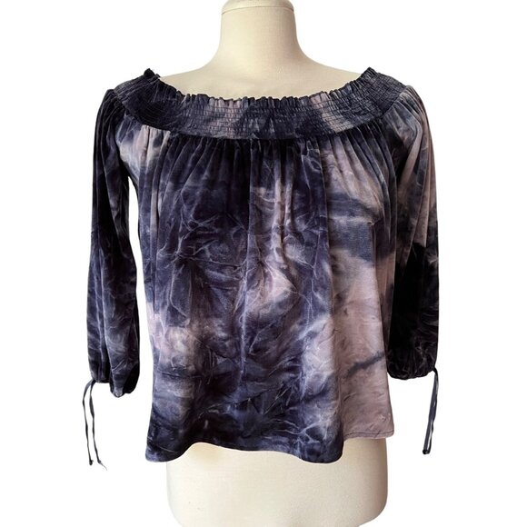 American Eagle Outfitters Velour Peasant Blouse Sz Small Blue Velvet Tie Dye - Picture 6 of 9